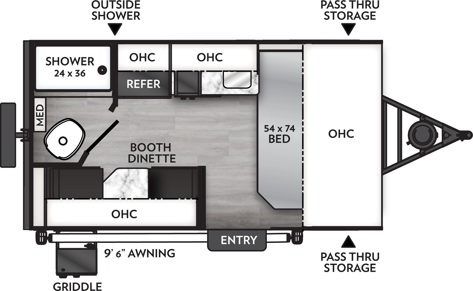 The Remote 12.1R floorplan has one entry and zero slide outs. Exterior features include: fiberglass exterior and 9'6" awning. Interiors features include: front bedroom.